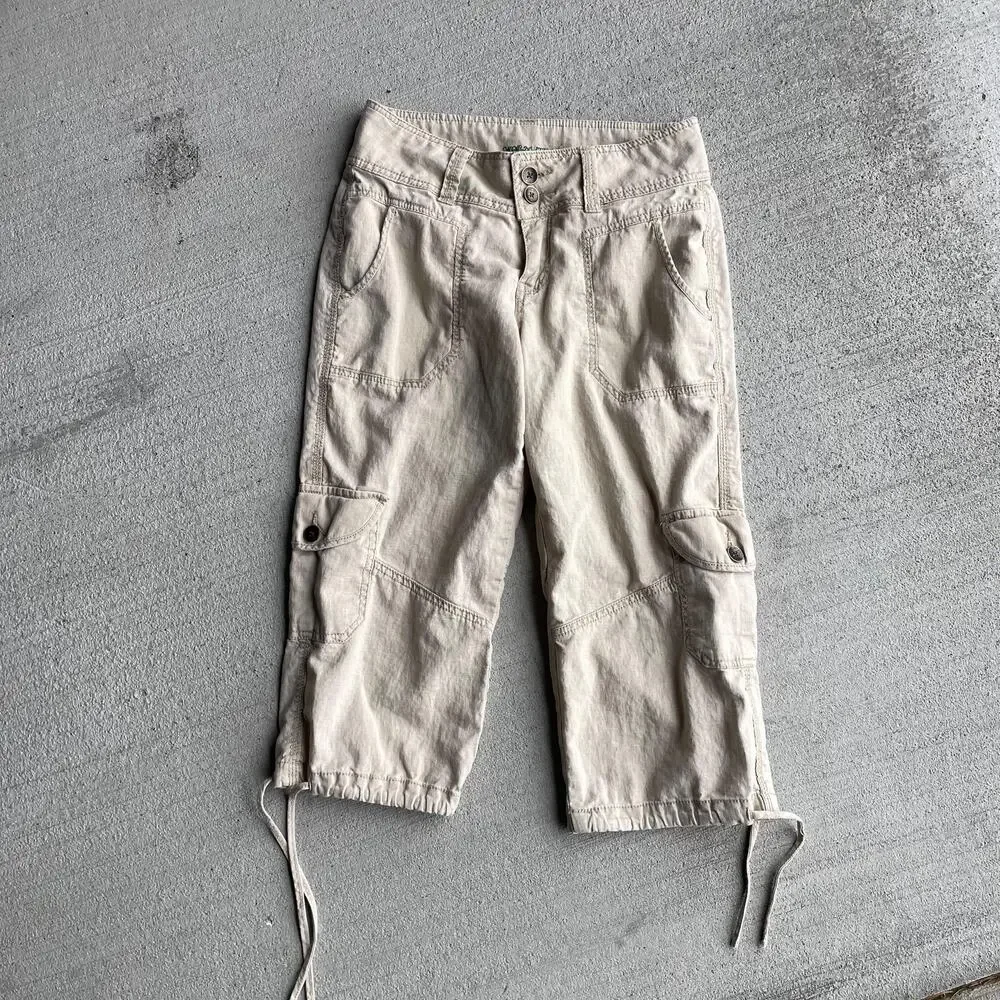 y2k vintage 2000's tan linen cotton midrise loose cargo cropped capri pants 6 - Picture 2 of 7